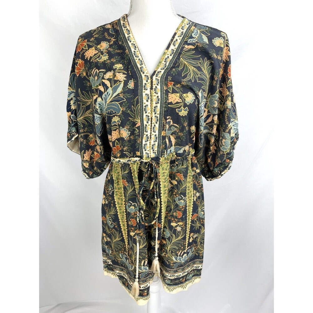 Farm Rio Size P Blue Floral Boho Tunic Kimono Top Tassel Ties Open Back‎ V-Neck